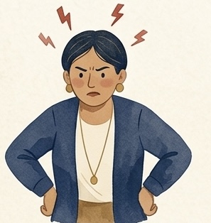 Illustration of an adult standing with arms on hips, visibly frustrated.