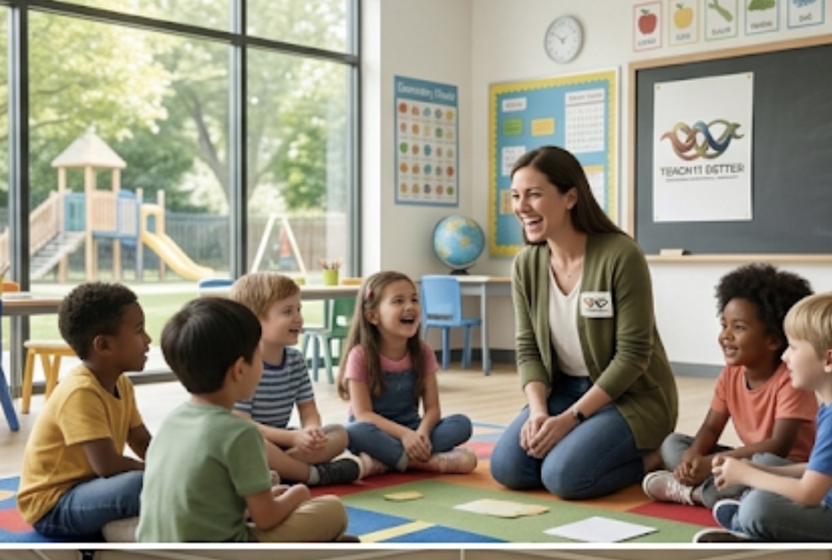 Students and an educator seated together in a classroom circle.