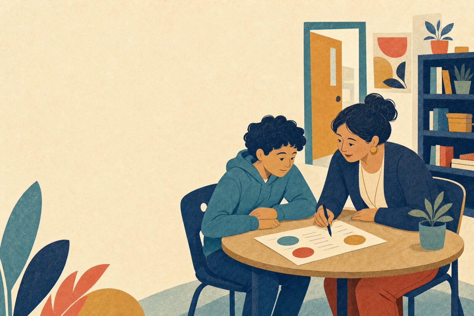 An educator and a student working through a reflection sheet together at a table.