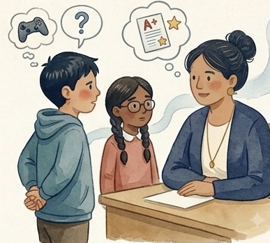 An educator and two students in conversation at a desk.