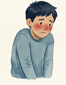 Illustration of a young person with flushed cheeks, shoulders down, looking away.