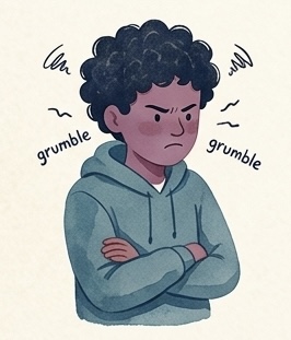 Illustration of a student with folded arms and a set jaw, grumbling.