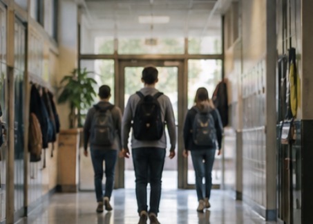 Students walking through a school hallway.