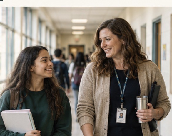 An educator and student talking in a school hallway.