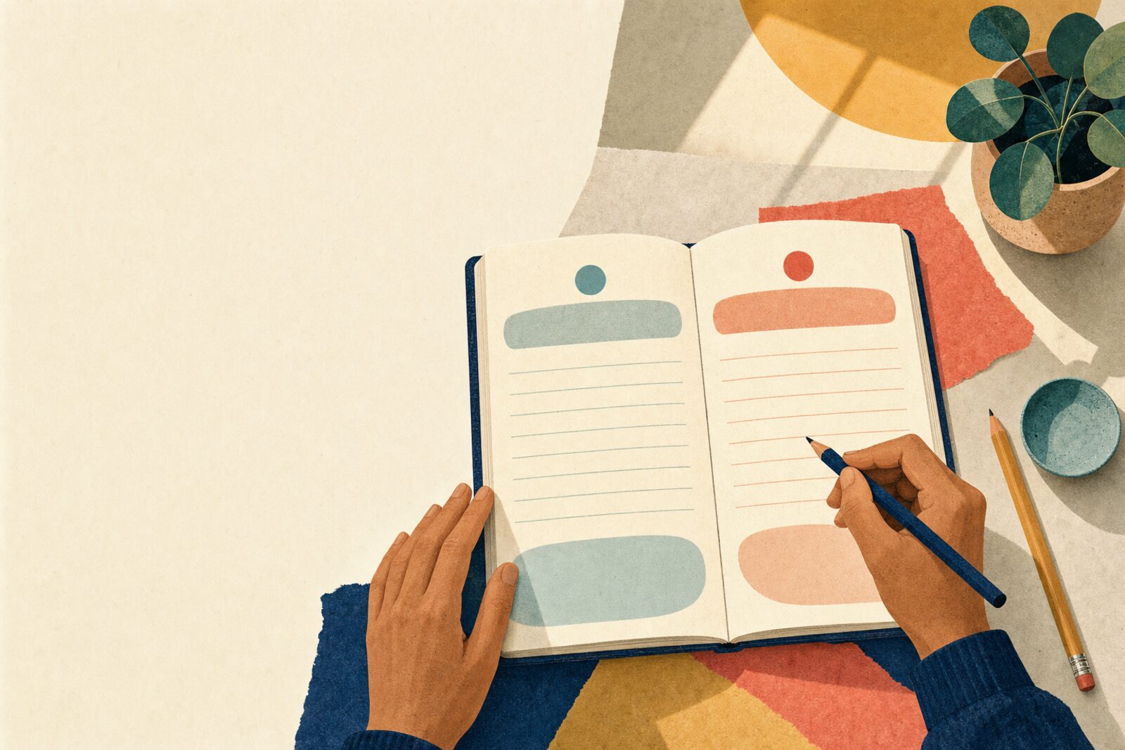 Overhead illustration of hands writing in an open two-column notebook, one column tinted blue and the other red.