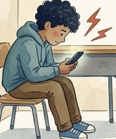 Illustration of a student at a desk with a phone.