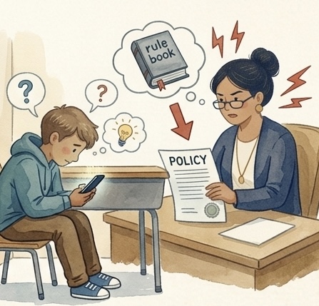 Illustration of an educator holding up a policy document while a student at a desk looks at a phone, question marks over their head.