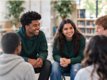 A small group of students talking together.