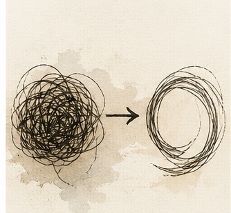 A scribbled tangle beside a single clean loop.