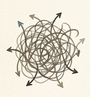 Illustration of many arrows tangled into a knot, pointing in every direction.