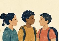 Illustration of three students standing together and talking.