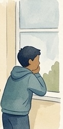 Illustration of a student standing alone at a window, taking a moment away from the room.
